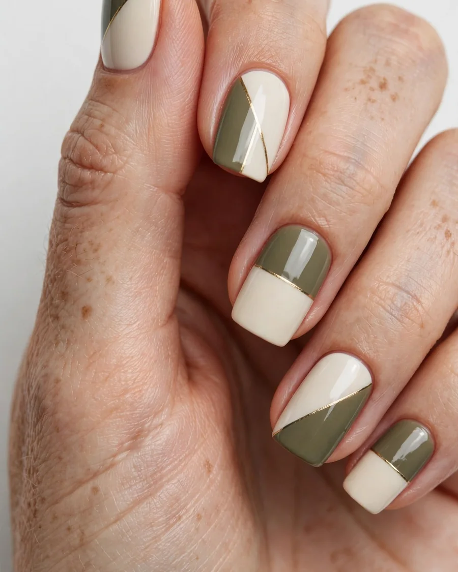 Cream and olive color-block nails - geometric nail art with gold lines