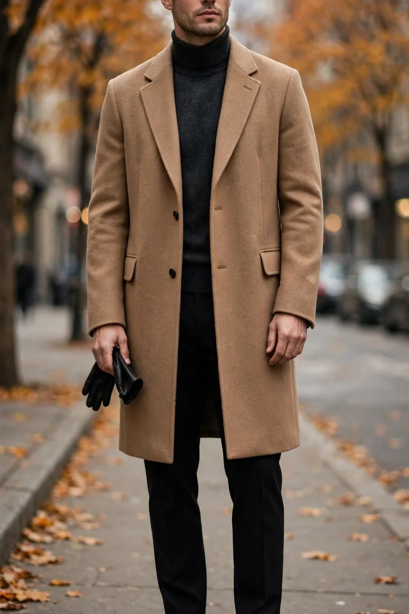 Camel wool overcoat over charcoal merino roll-neck with black wool trousers and black Chelsea boots, men's fall 2026 outfit