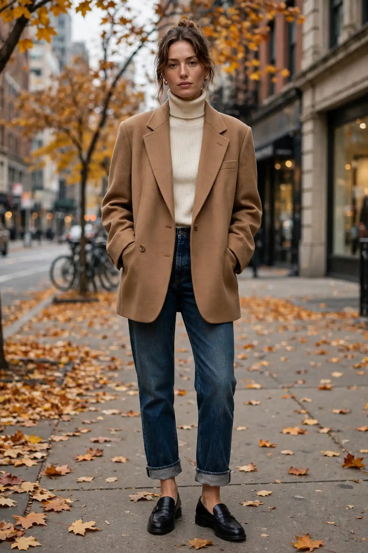 Oversized camel blazer over cream ribbed turtleneck and dark-wash straight-leg cuffed jeans with black loafers, fall 2026 outfit