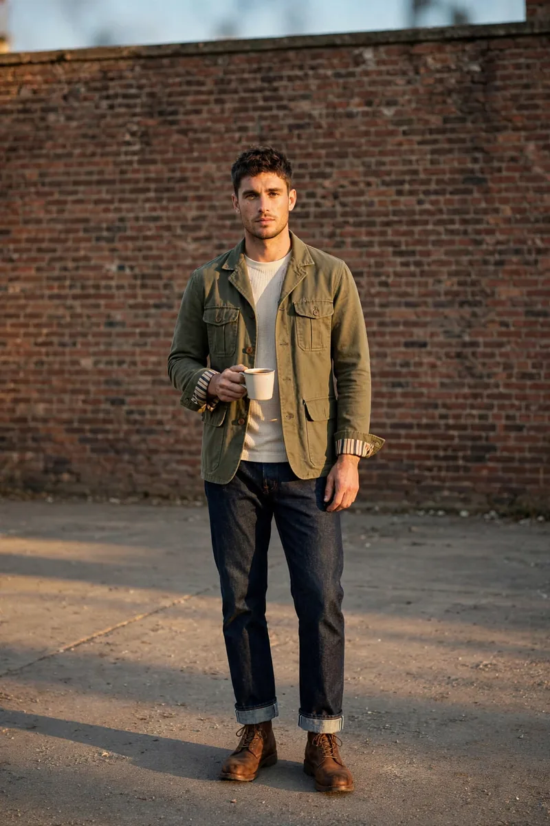 Olive canvas chore jacket with blanket-stripe lining over ecru waffle thermal, raw selvedge jeans and brown work boots, men's fall workwear outfit
