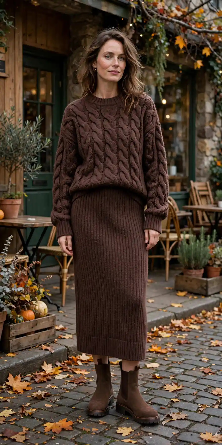 Chocolate brown chunky cable-knit sweater with matching ribbed knit midi skirt and dark brown Chelsea boots, monochrome fall outfit