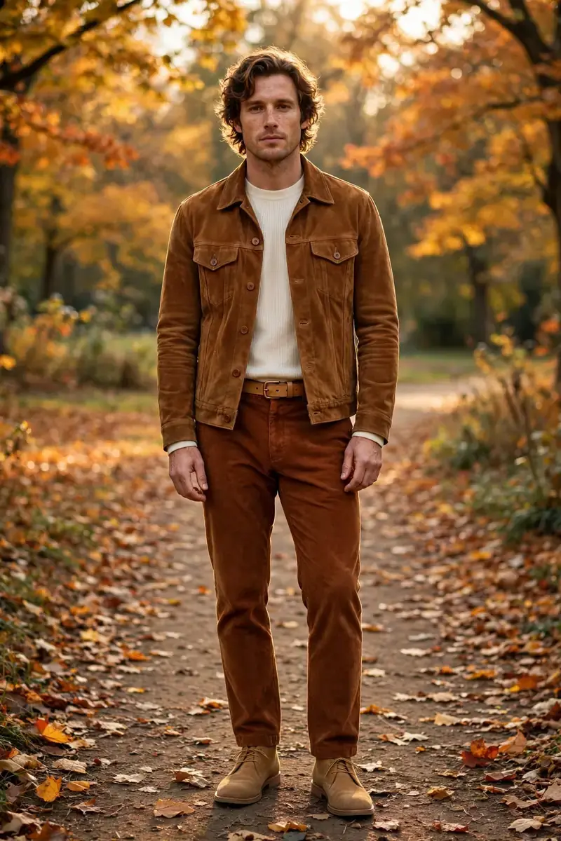 Cognac suede trucker jacket over cream ribbed crewneck with rust corduroy trousers and tan suede chukka boots, men's fall 2026 outfit