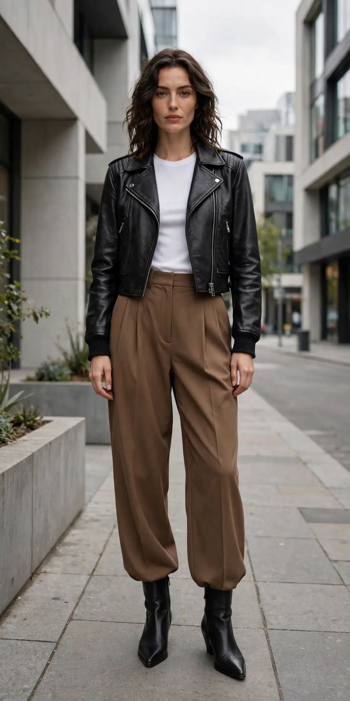 Cropped black moto jacket with white fitted top, brown barrel-leg pleated trousers and pointed black ankle boots, edgy fall outfit