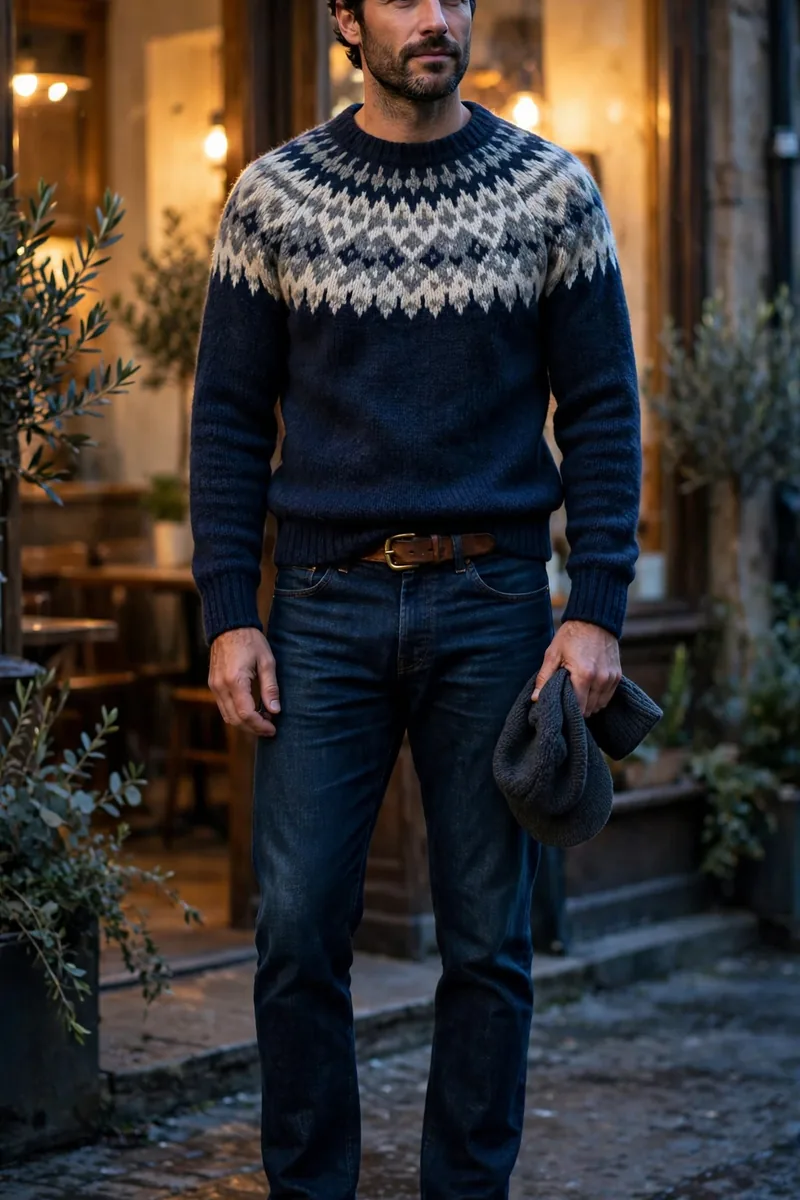 Navy Fair Isle yoke sweater with dark indigo jeans, brown belt and tan leather lace-up boots, men's heritage fall outfit