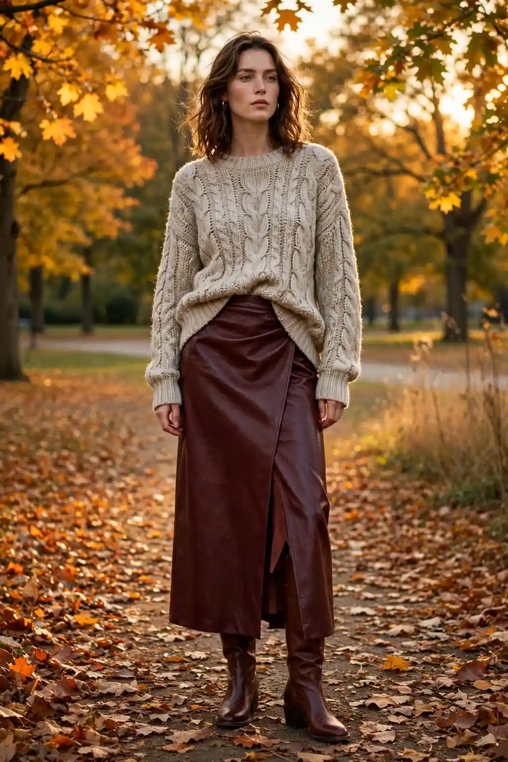 Burgundy leather maxi skirt with back slit, slouchy oatmeal chunky fisherman-knit sweater and brown knee-high boots, fall 2026 outfit