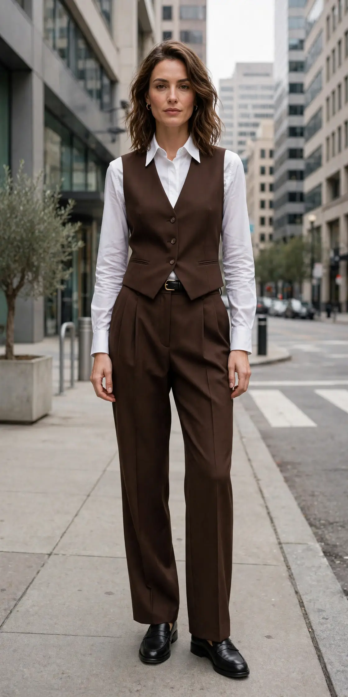 Espresso tailored vest suit with matching pleated trousers, crisp white shirt, slim belt and black penny loafers, fall suiting outfit