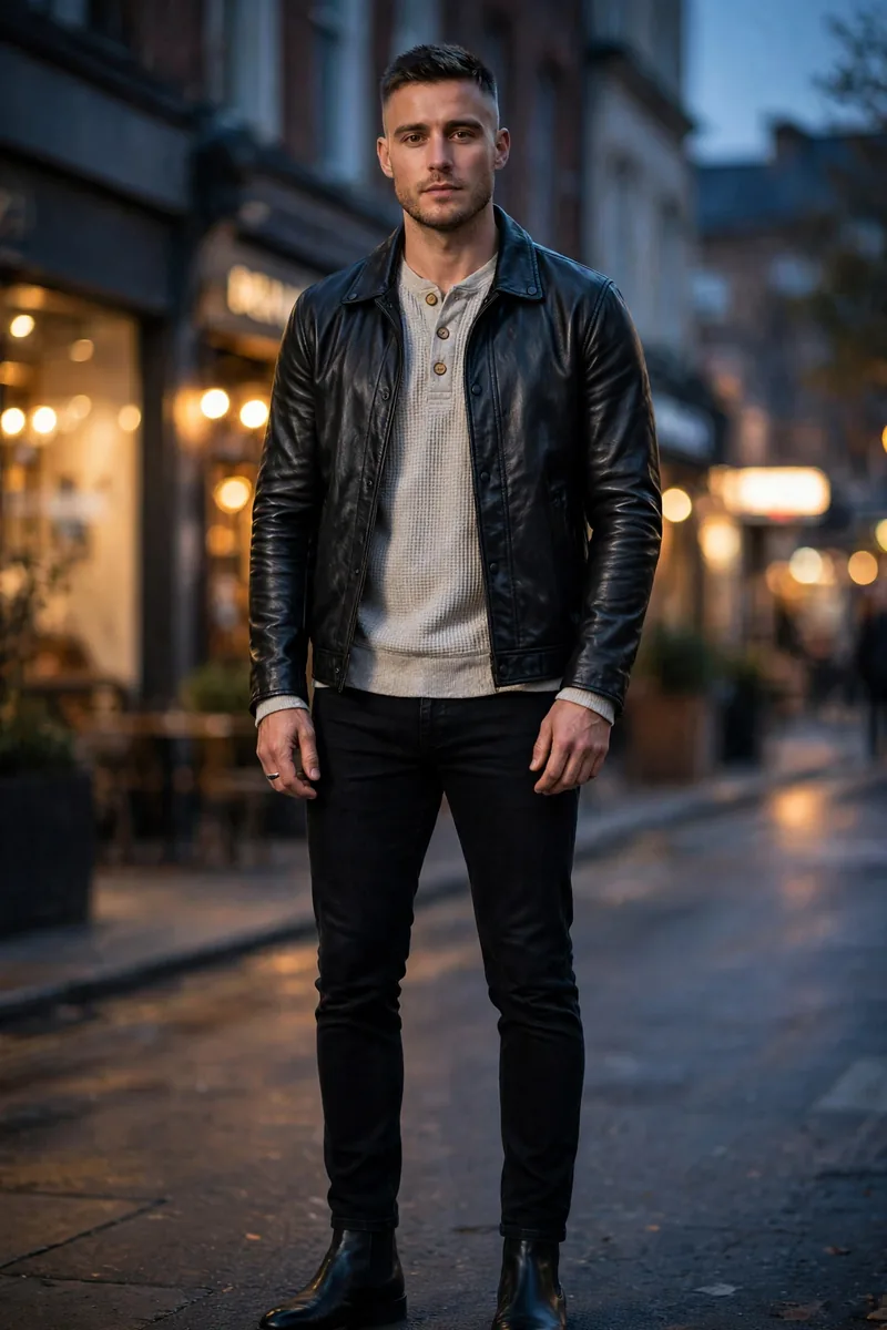 Black leather cafe racer jacket over oatmeal waffle-knit henley with black slim selvedge jeans and black Chelsea boots, men's fall evening outfit