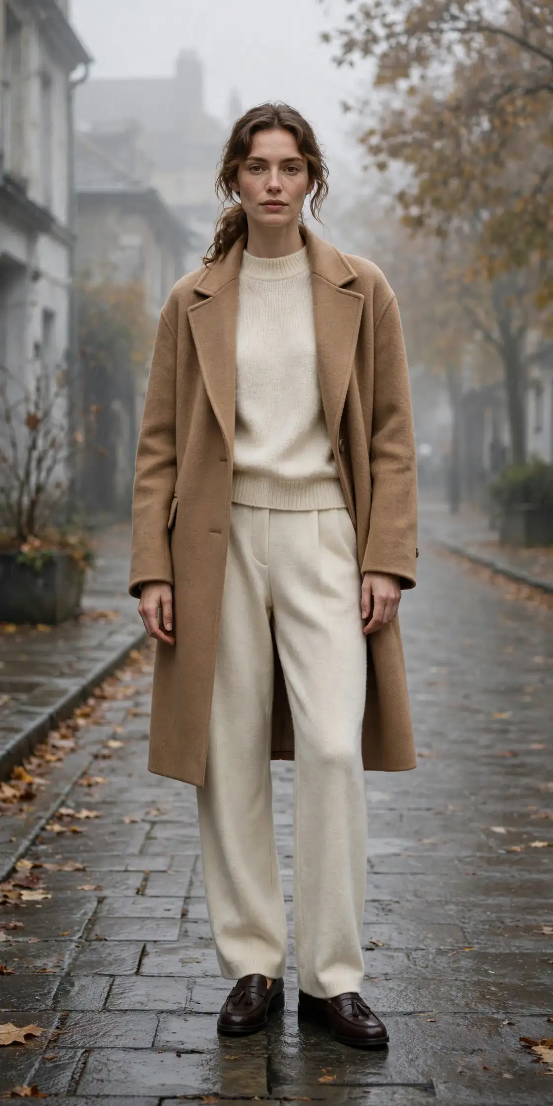 Tonal cream outfit with cream roll-neck sweater, cream wool trousers, camel wool coat and dark brown loafers, fall 2026 look