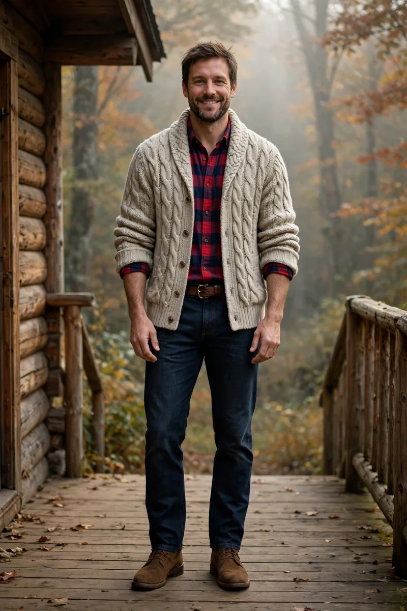 Oatmeal chunky cable-knit shawl-collar cardigan over red buffalo-check flannel with dark jeans and brown suede desert boots, men's cozy fall outfit