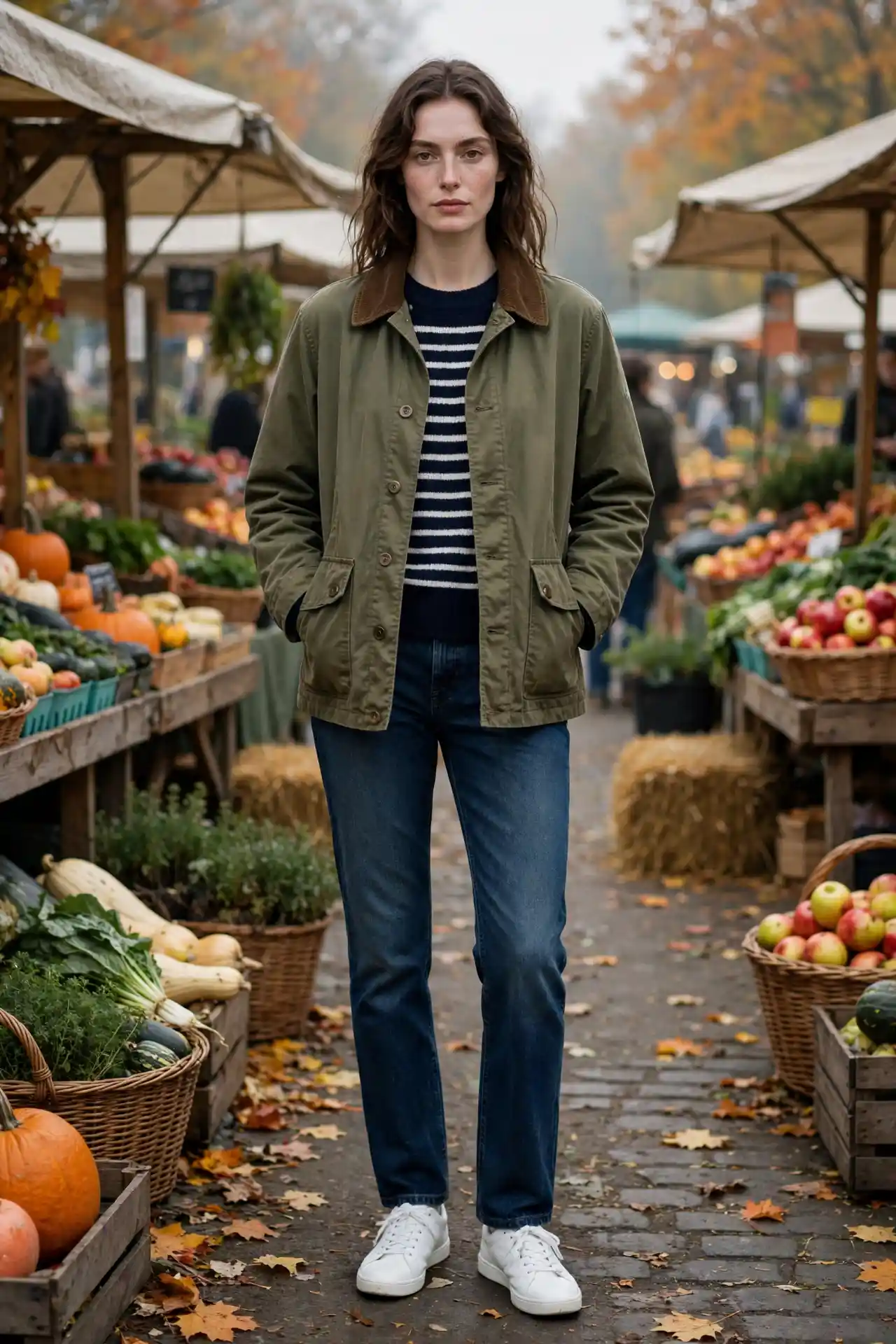 Olive barn jacket with corduroy collar over navy Breton stripe knit, dark rinse-wash straight jeans and white sneakers, casual fall outfit