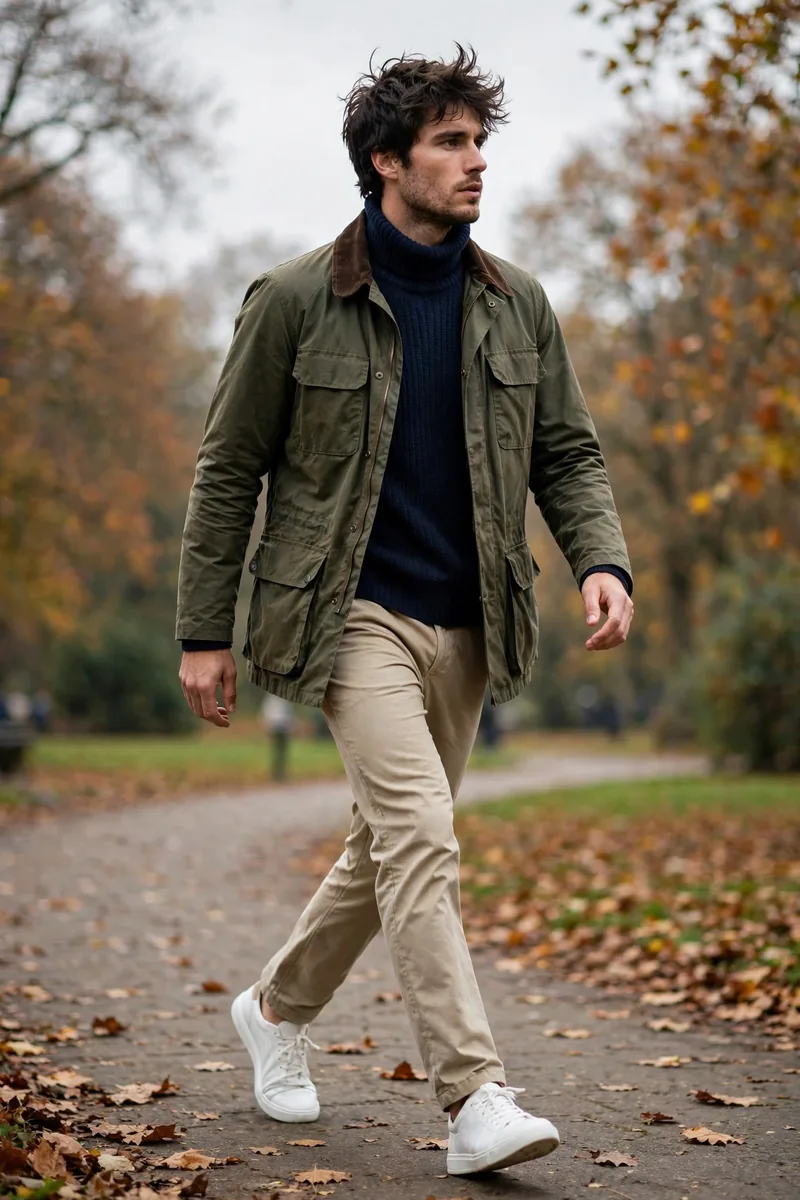 Waxed olive field jacket over navy fisherman-rib roll-neck with sand chinos and white minimalist leather sneakers, men's fall 2026 outfit
