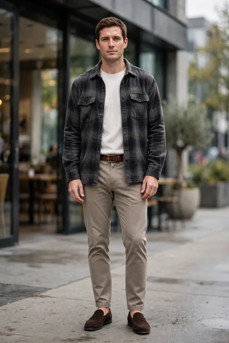 Charcoal brushed-flannel overshirt worn open over off-white waffle-knit tee with stone tapered chinos and brown suede loafers, men's smart-casual fall outfit