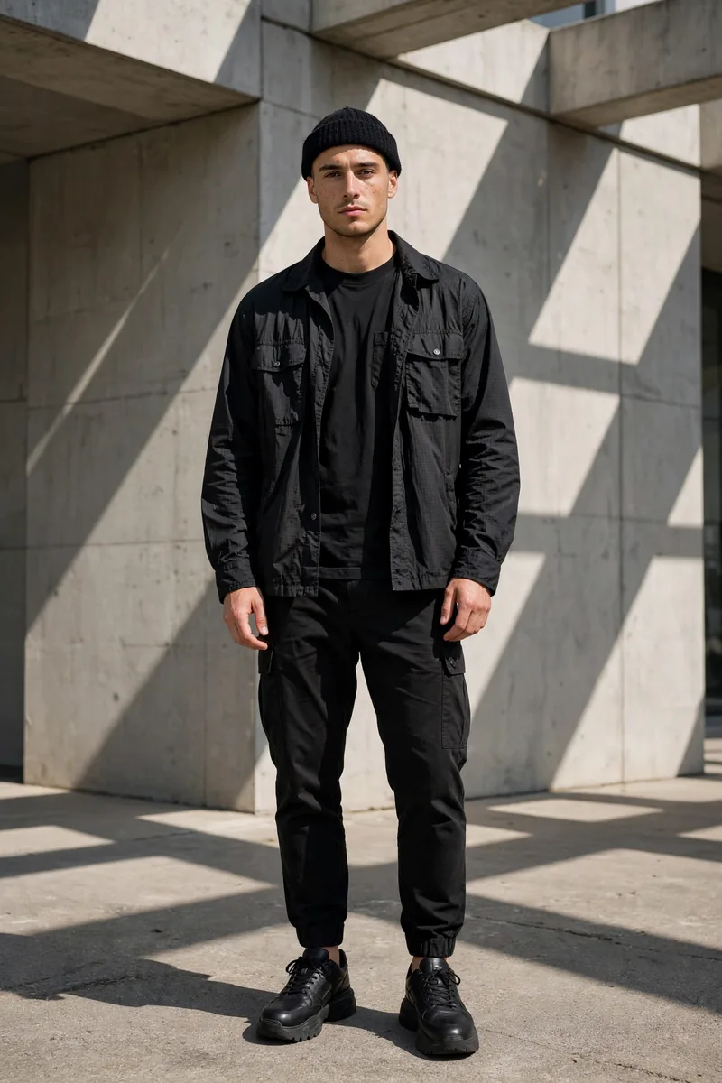 Monochrome black utility outfit with ripstop field overshirt, heavyweight pocket tee, tapered cargo trousers and chunky black sneakers, men's street fall look
