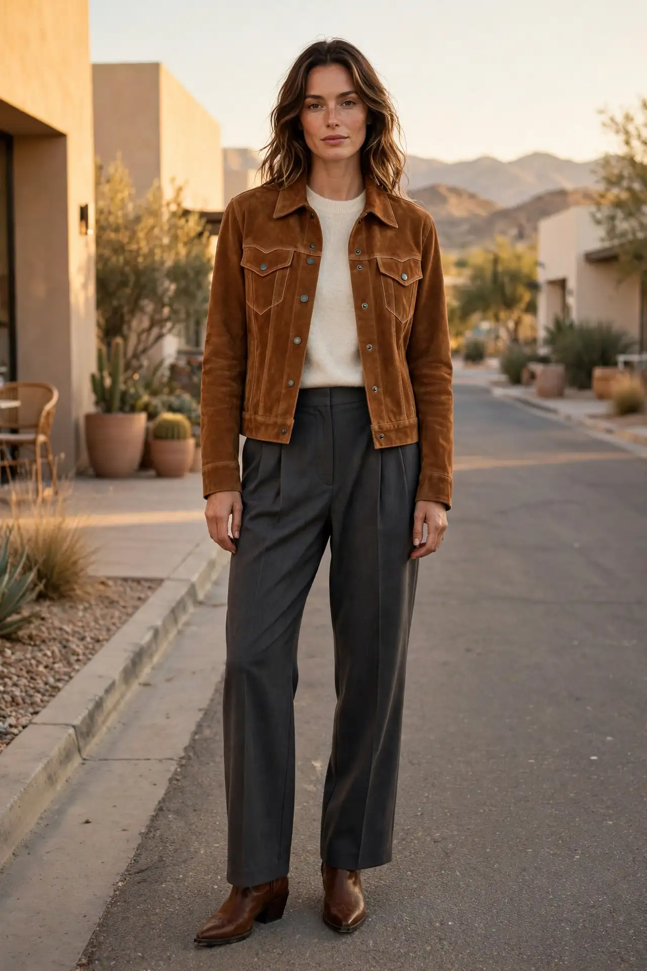 Cognac suede western trucker jacket over cream merino crewneck with charcoal pleated trousers and pointed brown ankle boots, fall 2026 outfit