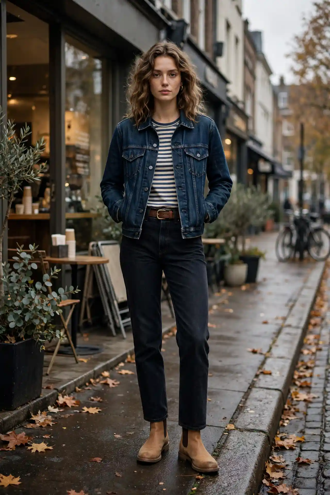 Dark indigo denim trucker jacket over striped tee with near-black straight-leg jeans, brown belt and tan Chelsea boots, double denim fall outfit
