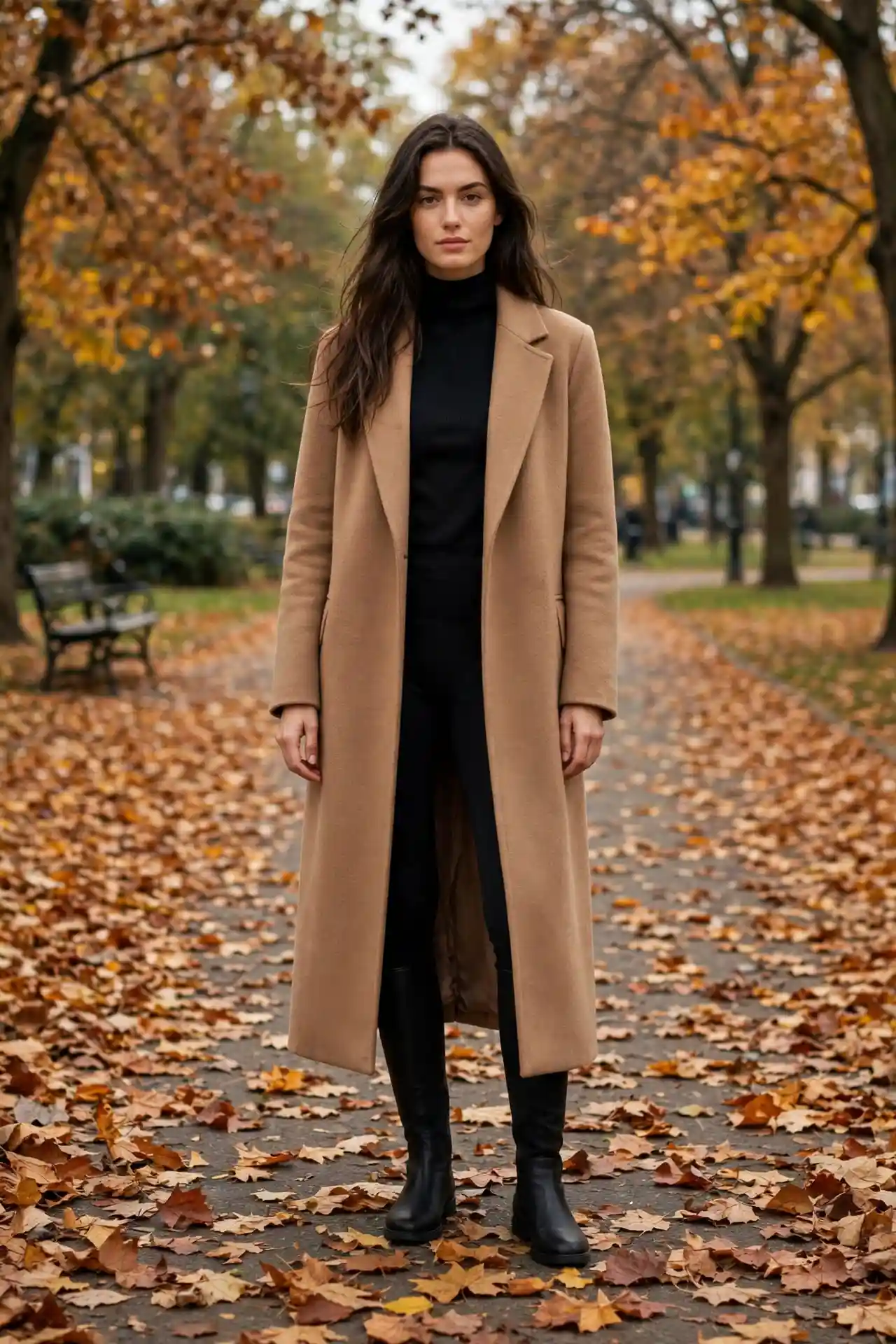 Camel longline wool coat over black turtleneck and black leggings with flat black knee-high boots, polished casual fall outfit