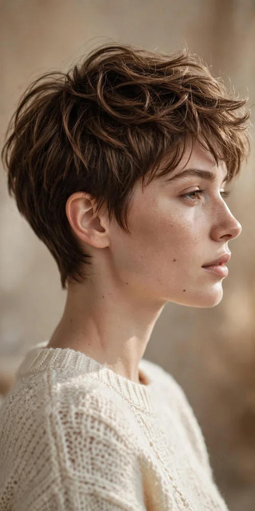 Soft tousled feminine pixie cut with piecey texture, chestnut brown hair, three-quarter profile