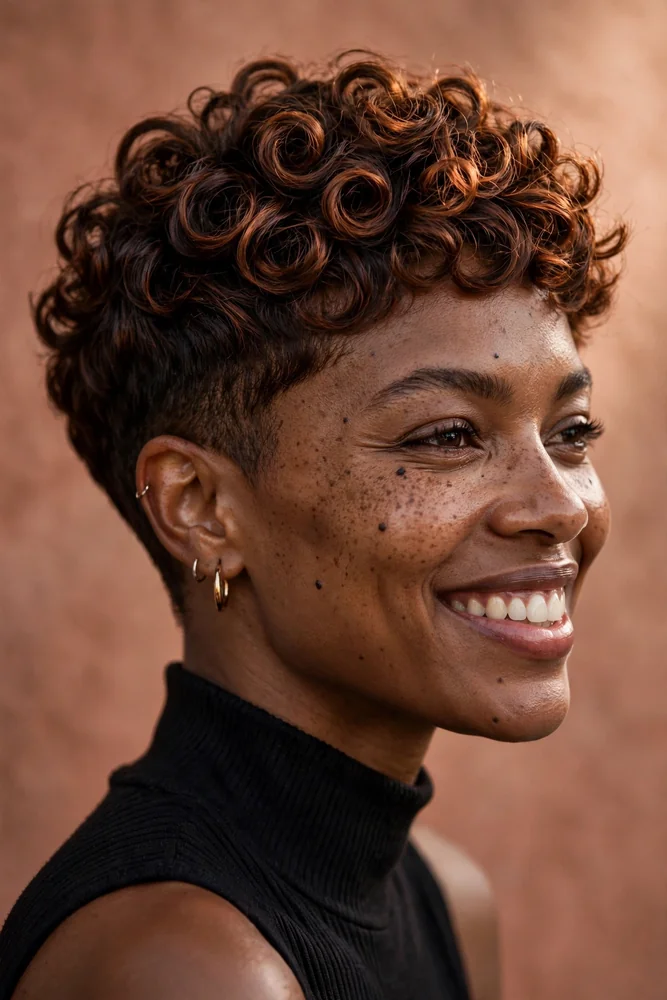 Curly feminine pixie cut with defined natural curls on top and tapered sides