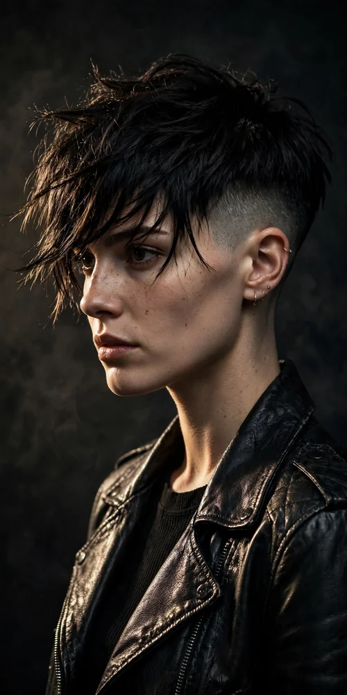 Undercut pixie with faded sides and long textured fringe, deep espresso black hair