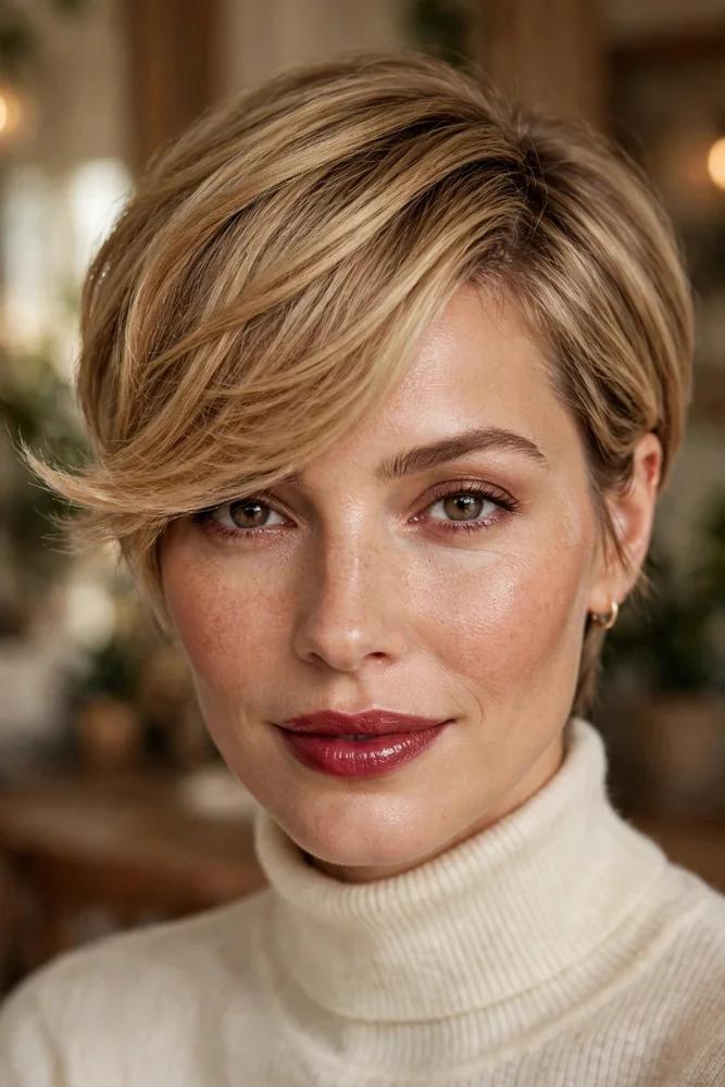 Side-swept romantic pixie cut with deep side part and diagonal fringe, honey blonde hair