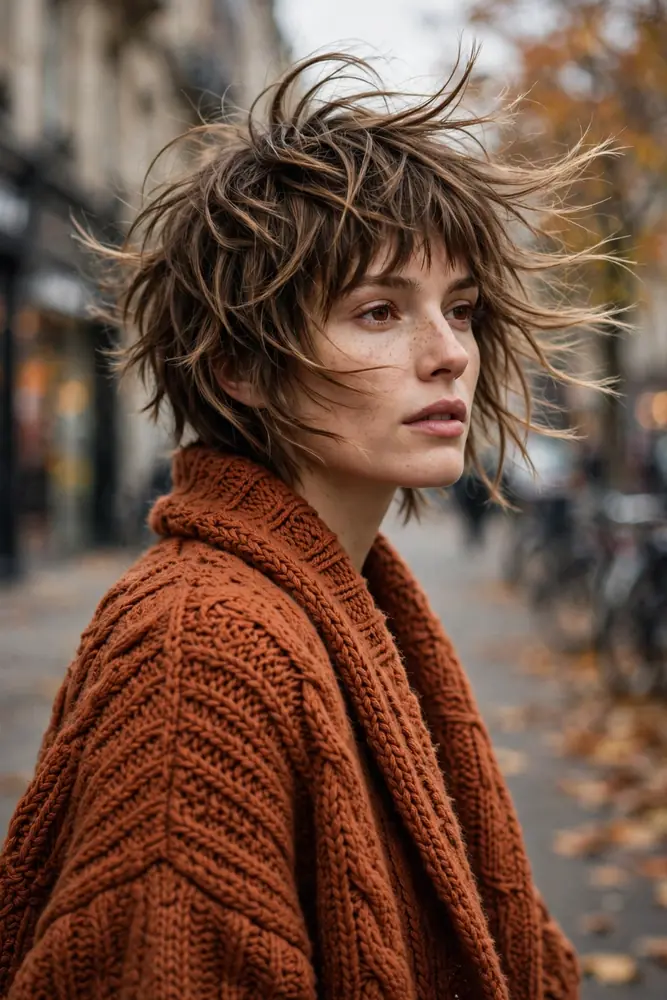 Shaggy textured pixie cut with choppy layers and flicked-out ends, medium brown hair