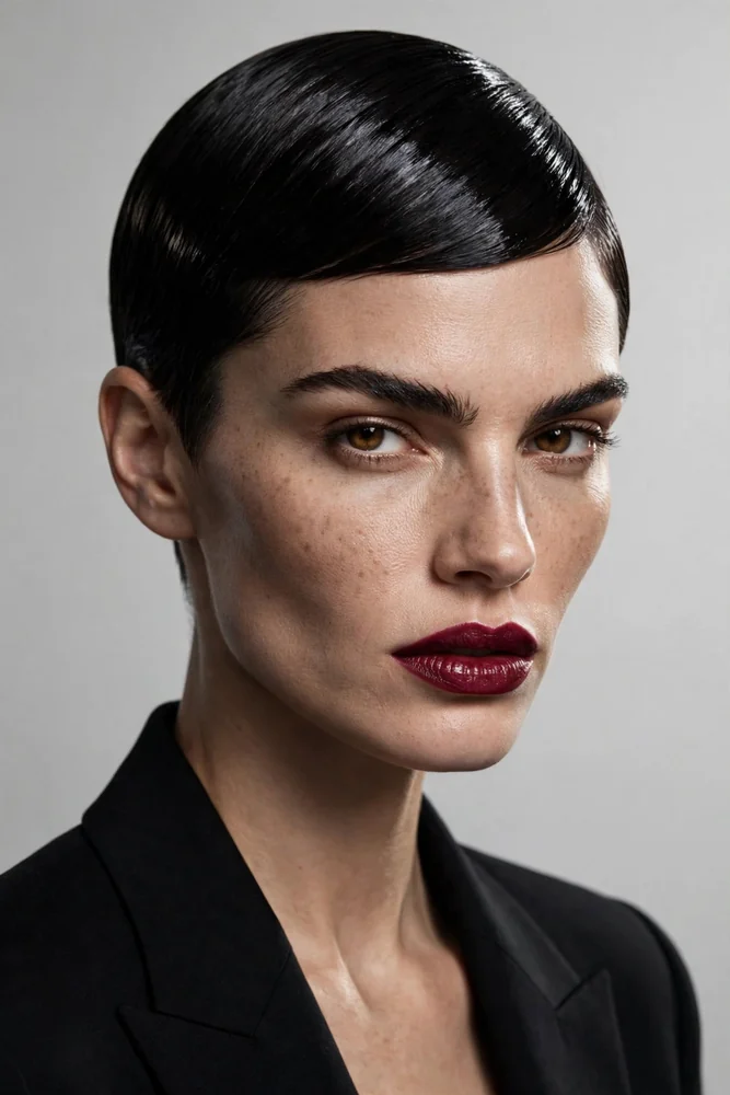 Sleek polished pixie cut with smooth glossy sides and molded top, jet black hair