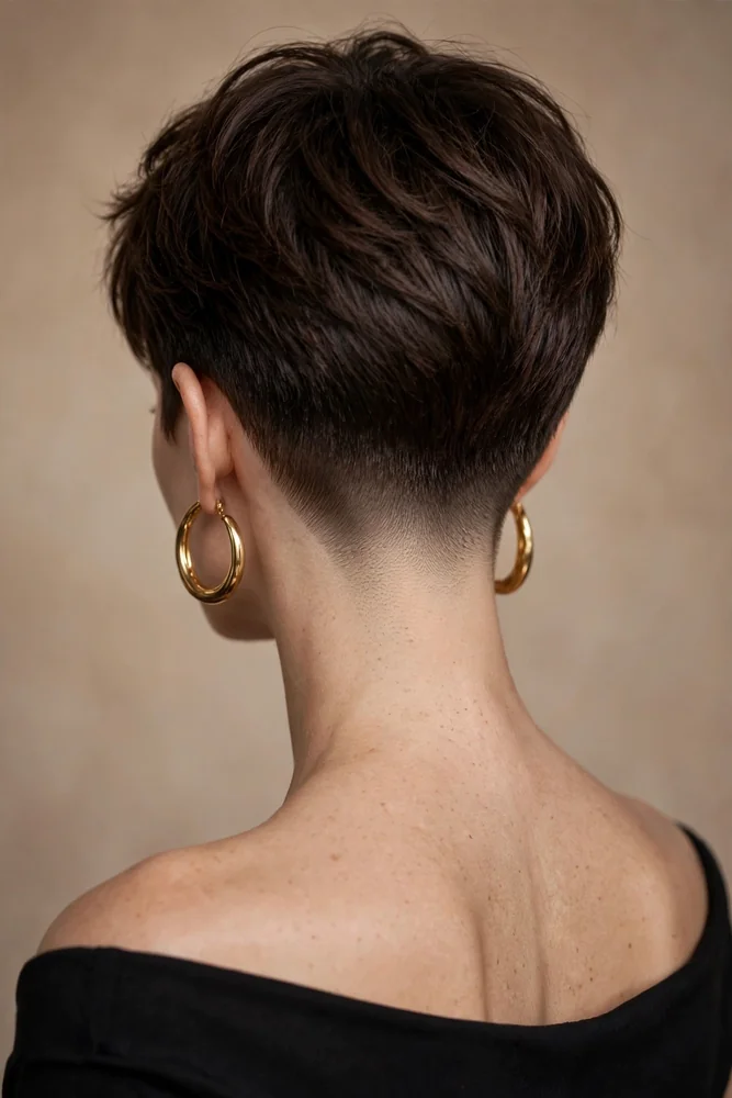 Tapered nape pixie cut, back view showing precise faded neckline gradient