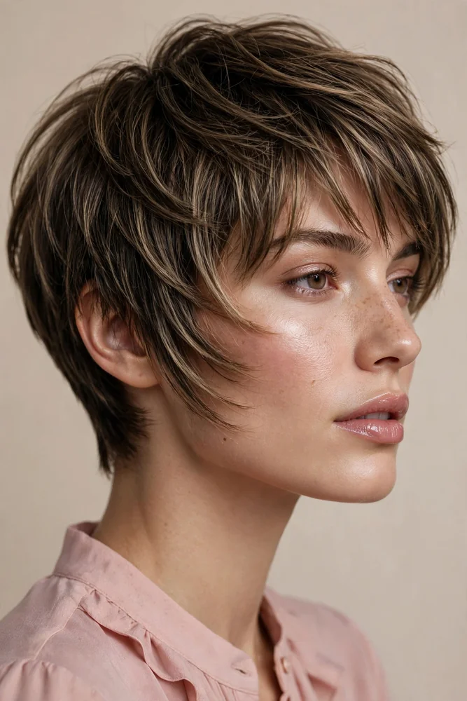 Face-framing layered pixie cut with layers at brow, cheekbone, and jawline, dark blonde hair