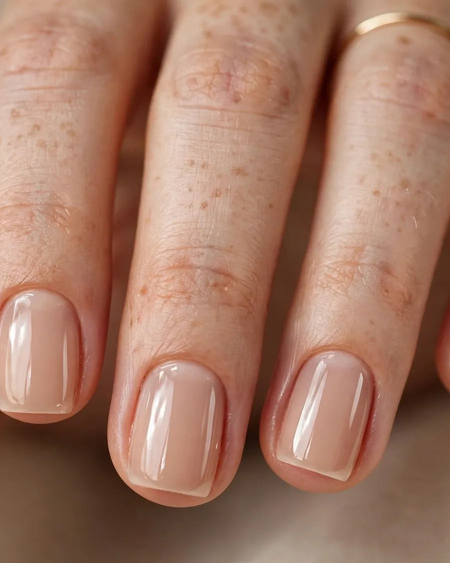 Sculpted nude builder gel short square nails with a glossy glass-like finish