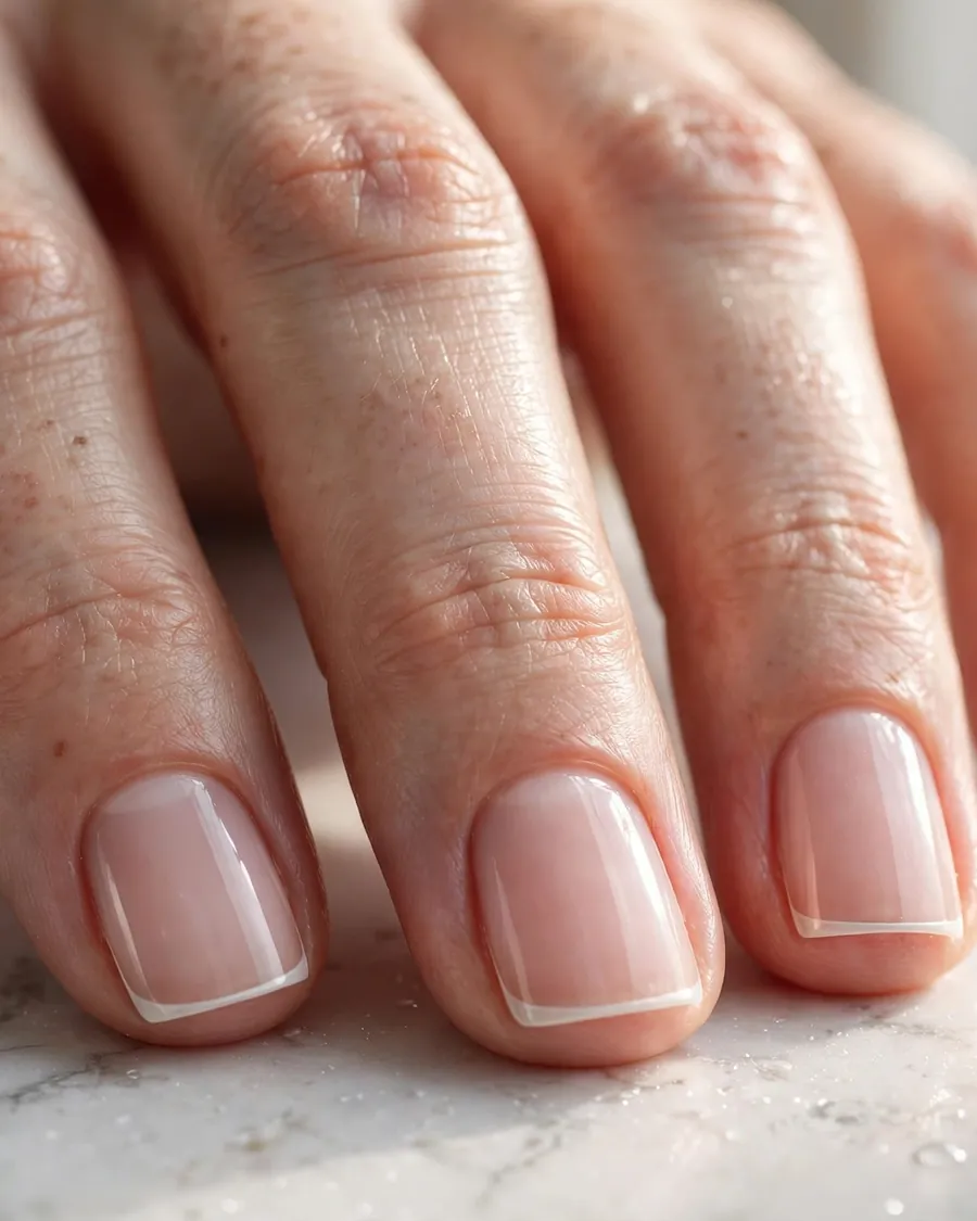 Micro French tip short square nails with an ultra-thin white tip line on a milky pink base