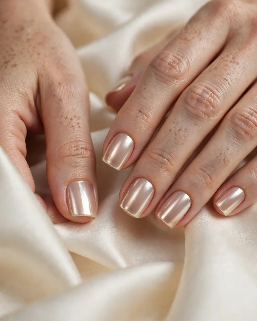 Glazed donut chrome short square nails in pearly champagne with a luminous glow