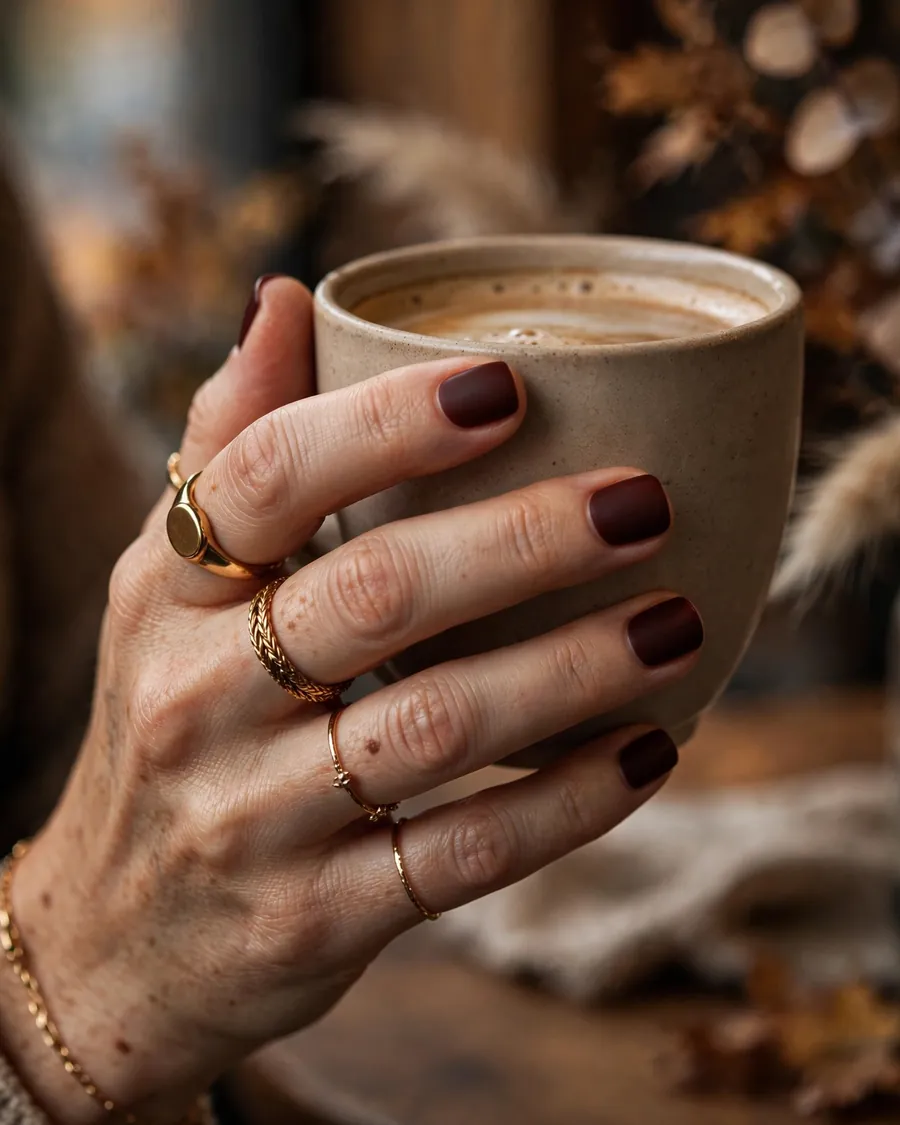 Oxblood matte short square nails in deep wine-red polish with a velvety finish