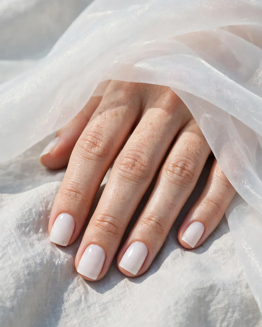 Milky white minimalist short square nails with a sheer opalescent veil finish