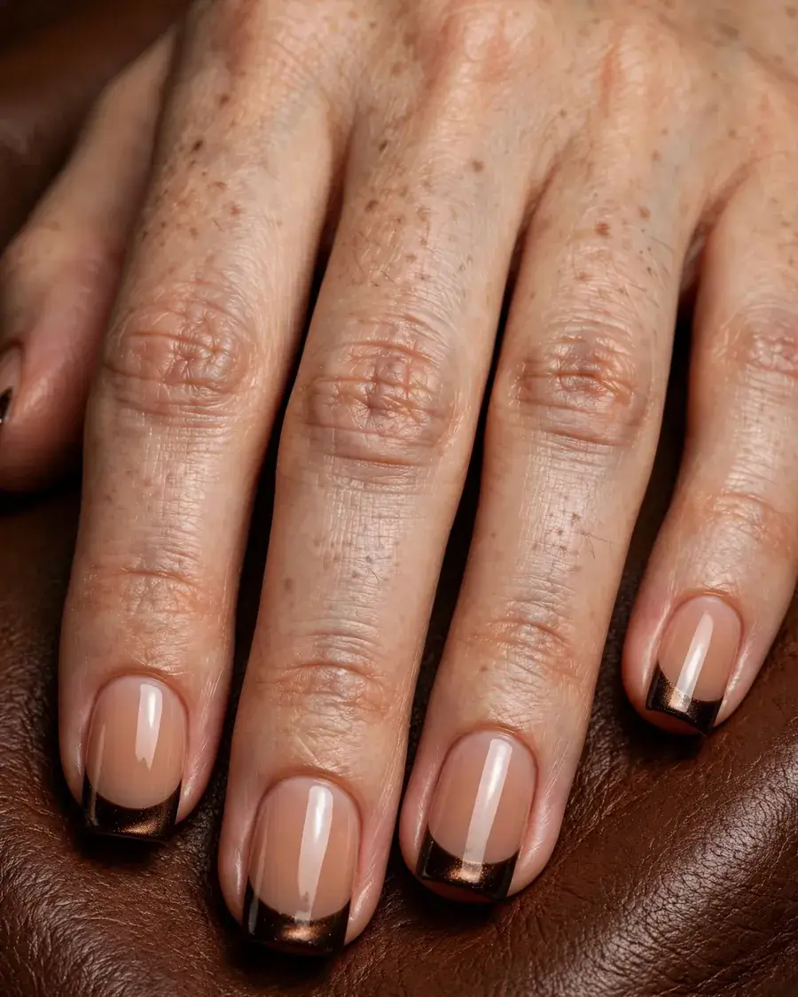 Espresso chrome French tip short square nails with bronze shimmer tips