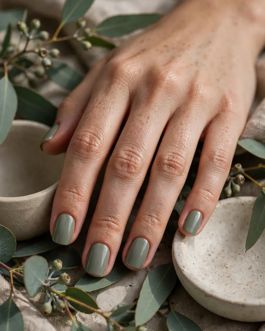 Sage green short square nails with a soft satin finish among eucalyptus leaves