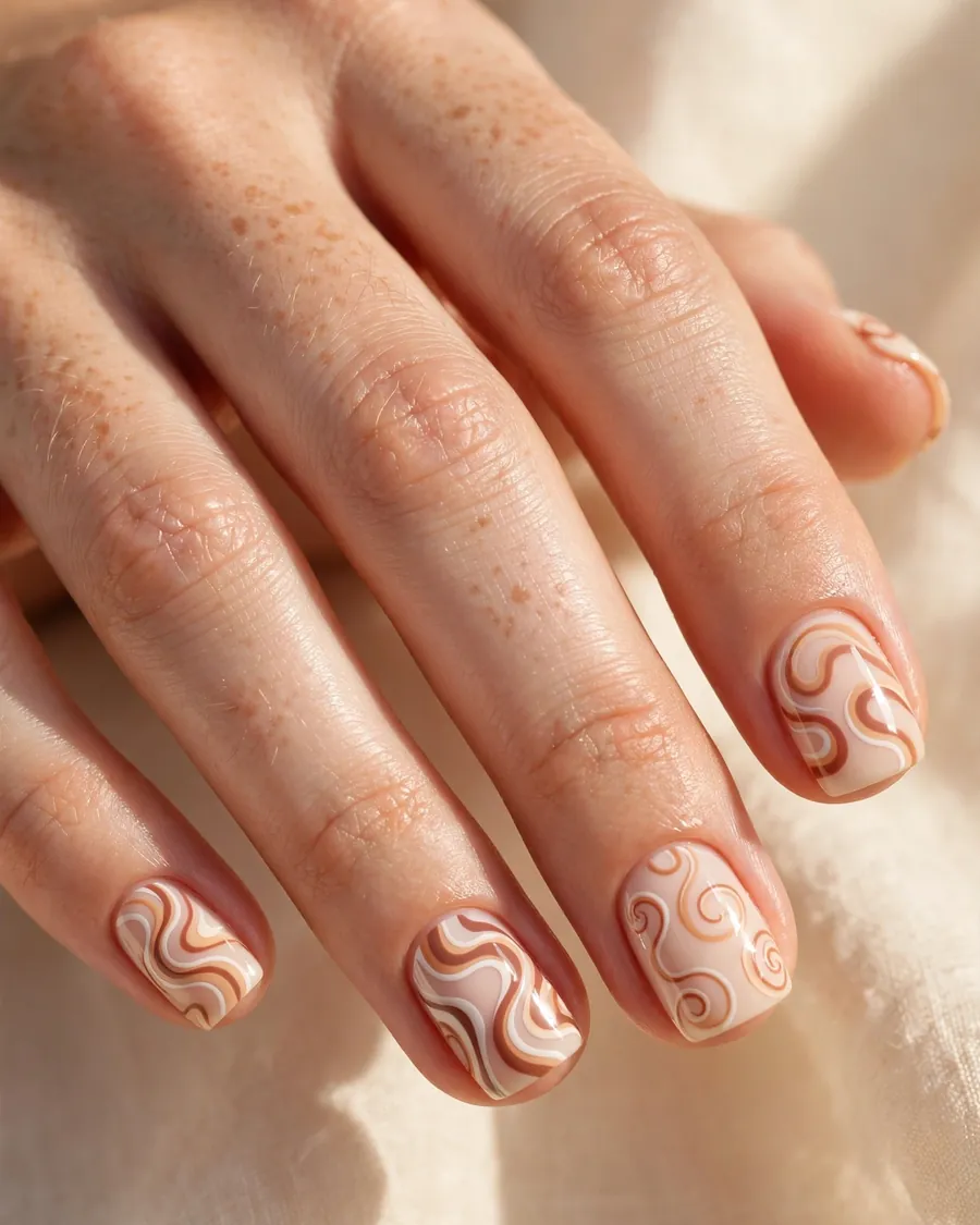 Retro 70s swirl nail art on short square nails with wavy white and terracotta lines