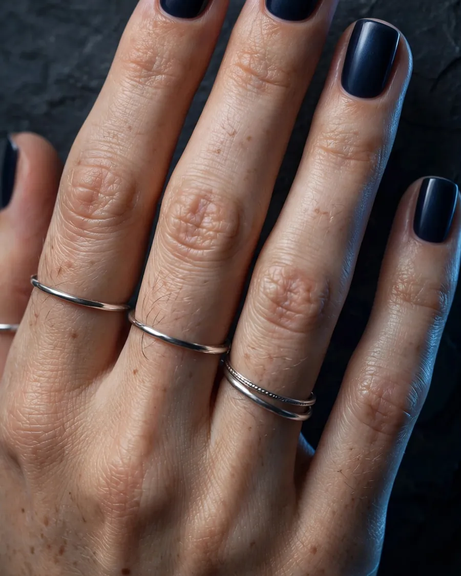 Midnight navy satin short square nails paired with silver rings