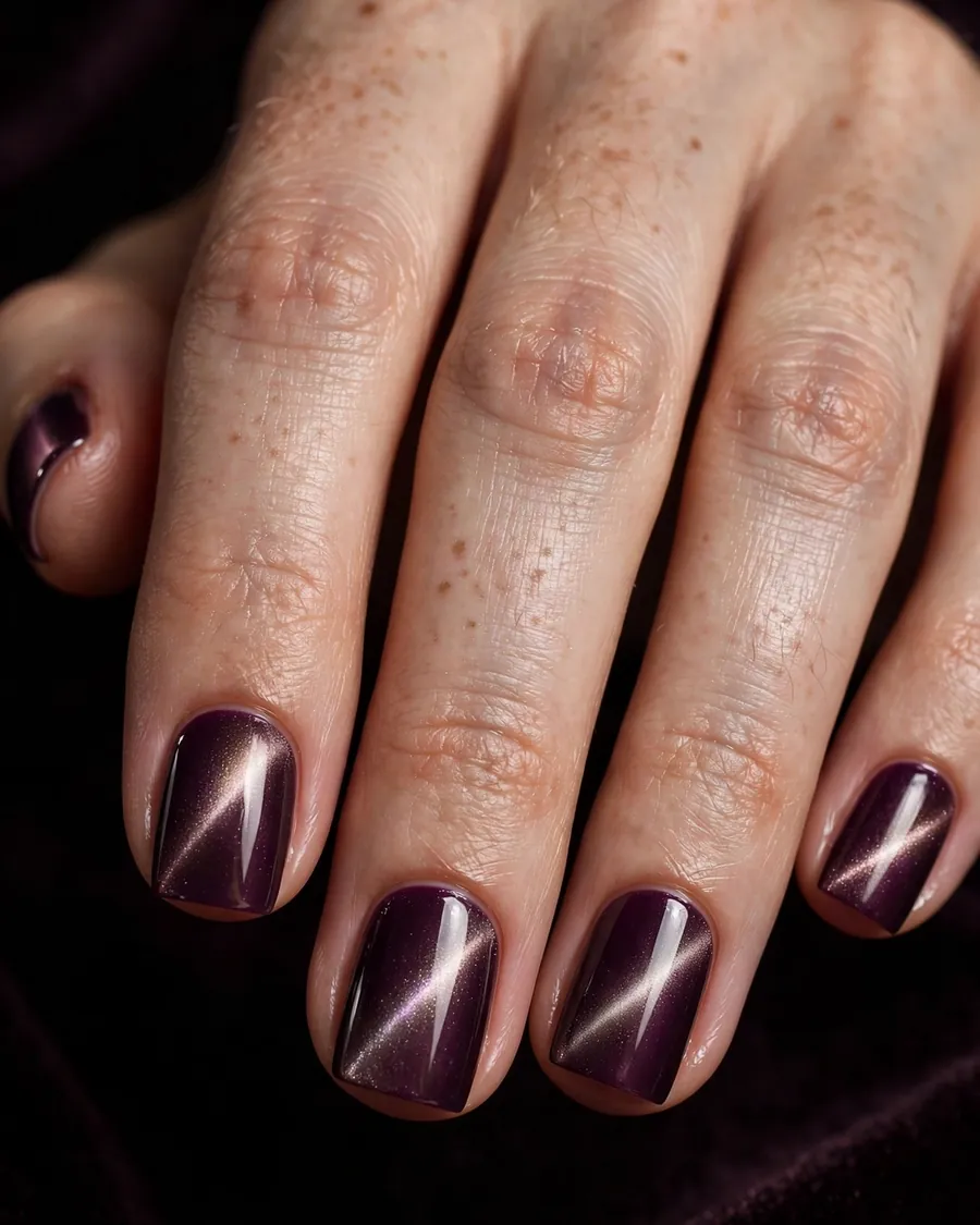 Cat-eye magnetic shimmer short square nails in deep plum with a luminous light band