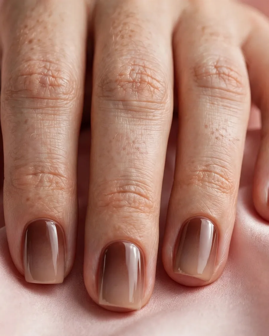 Cherry mocha ombre short square nails with a smooth gradient from dark cherry to mocha