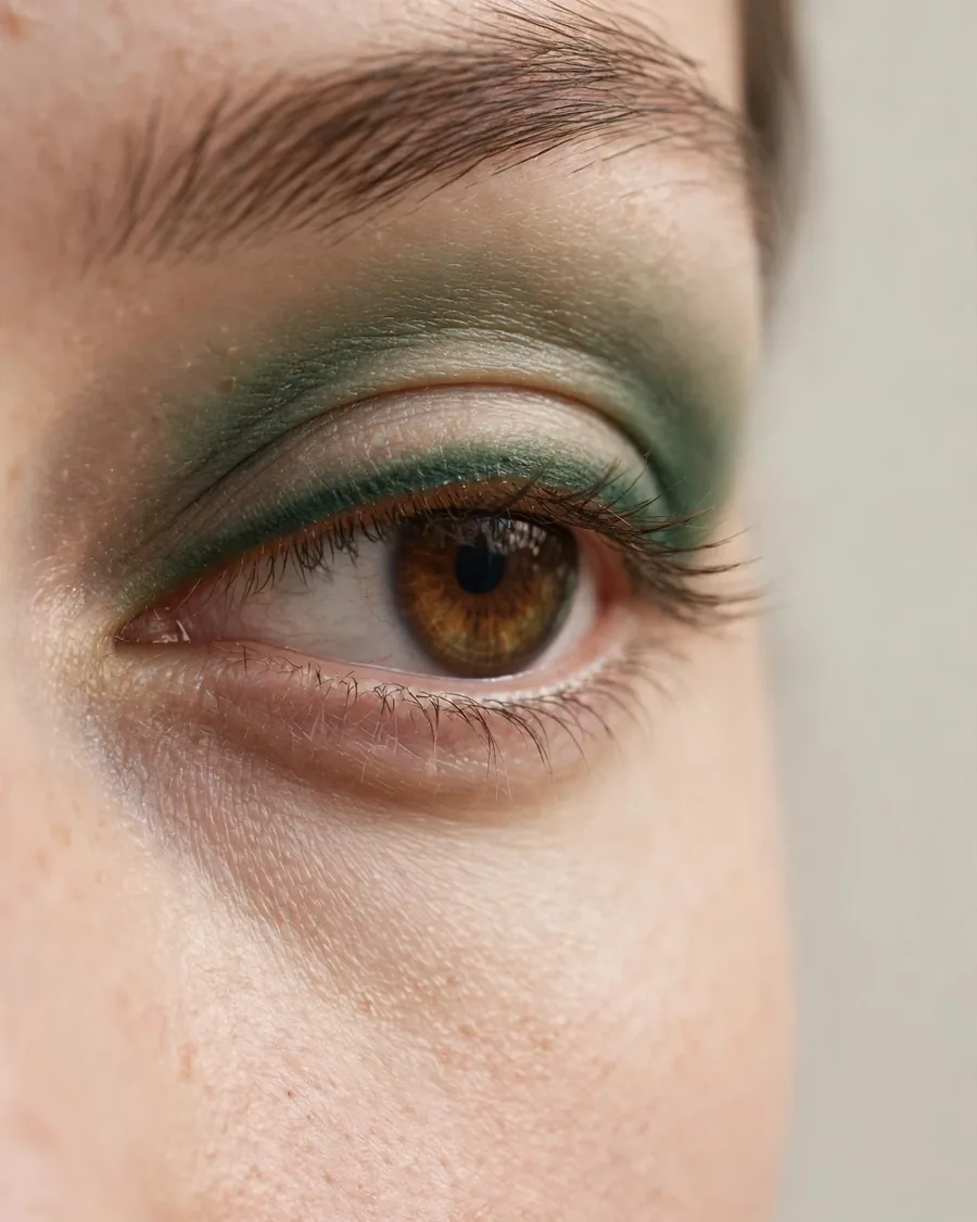 Smudged forest green kohl eyeliner with soft smoky edges — colored smudged eyeliner