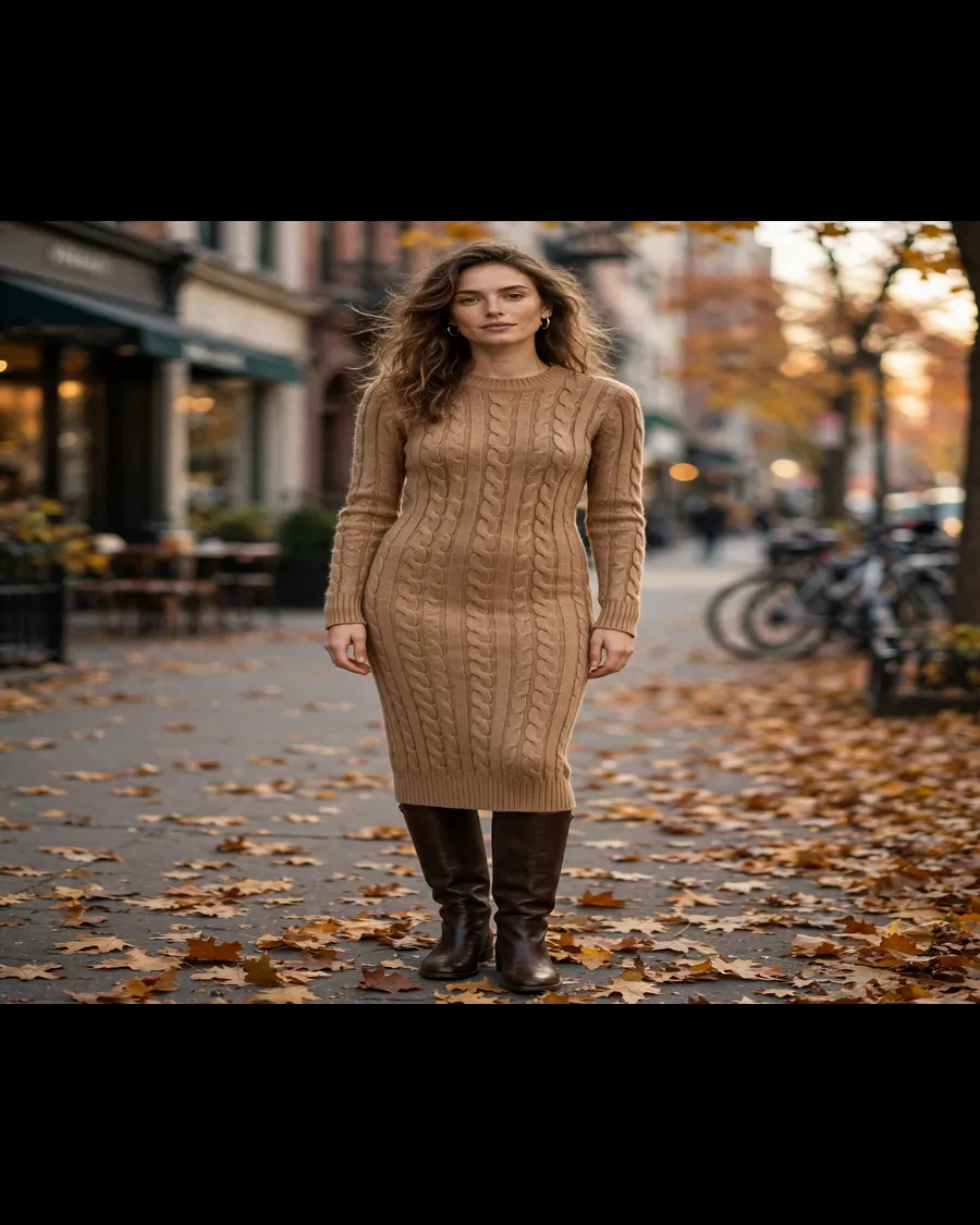 Beige turtleneck sweater dress outfit with knee-high boots for fall