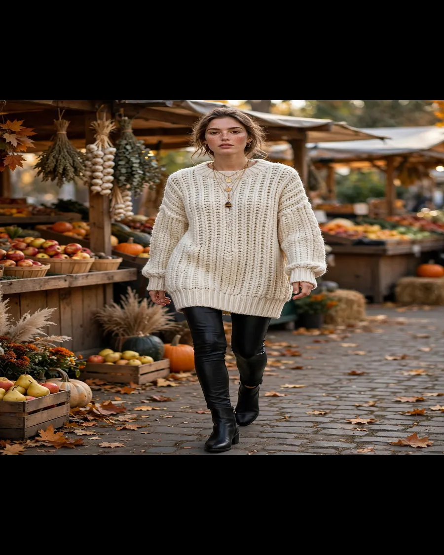 Chunky knit sweater dress outfit with a belt and ankle boots