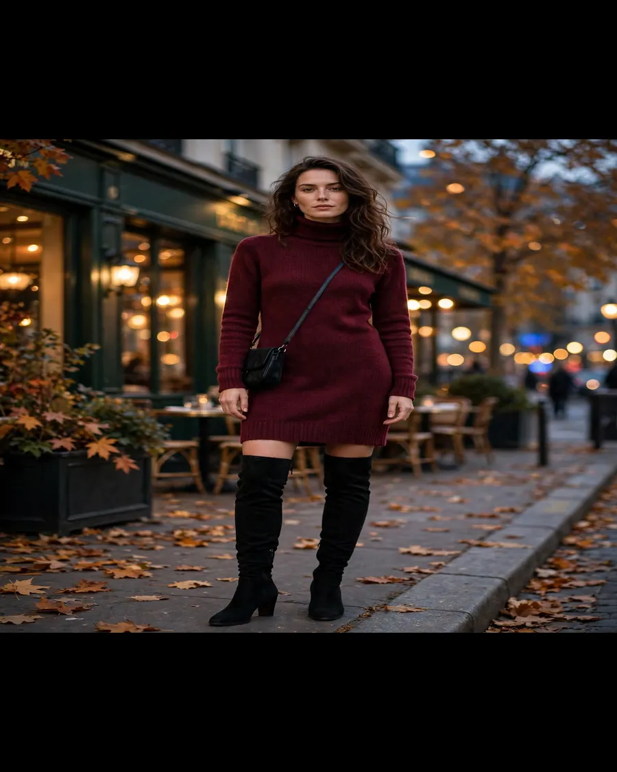 Mini sweater dress outfit with tights and loafers