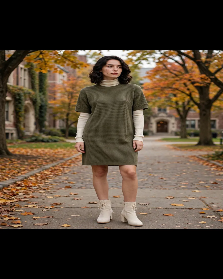 Ribbed midi sweater dress outfit with a long wool coat