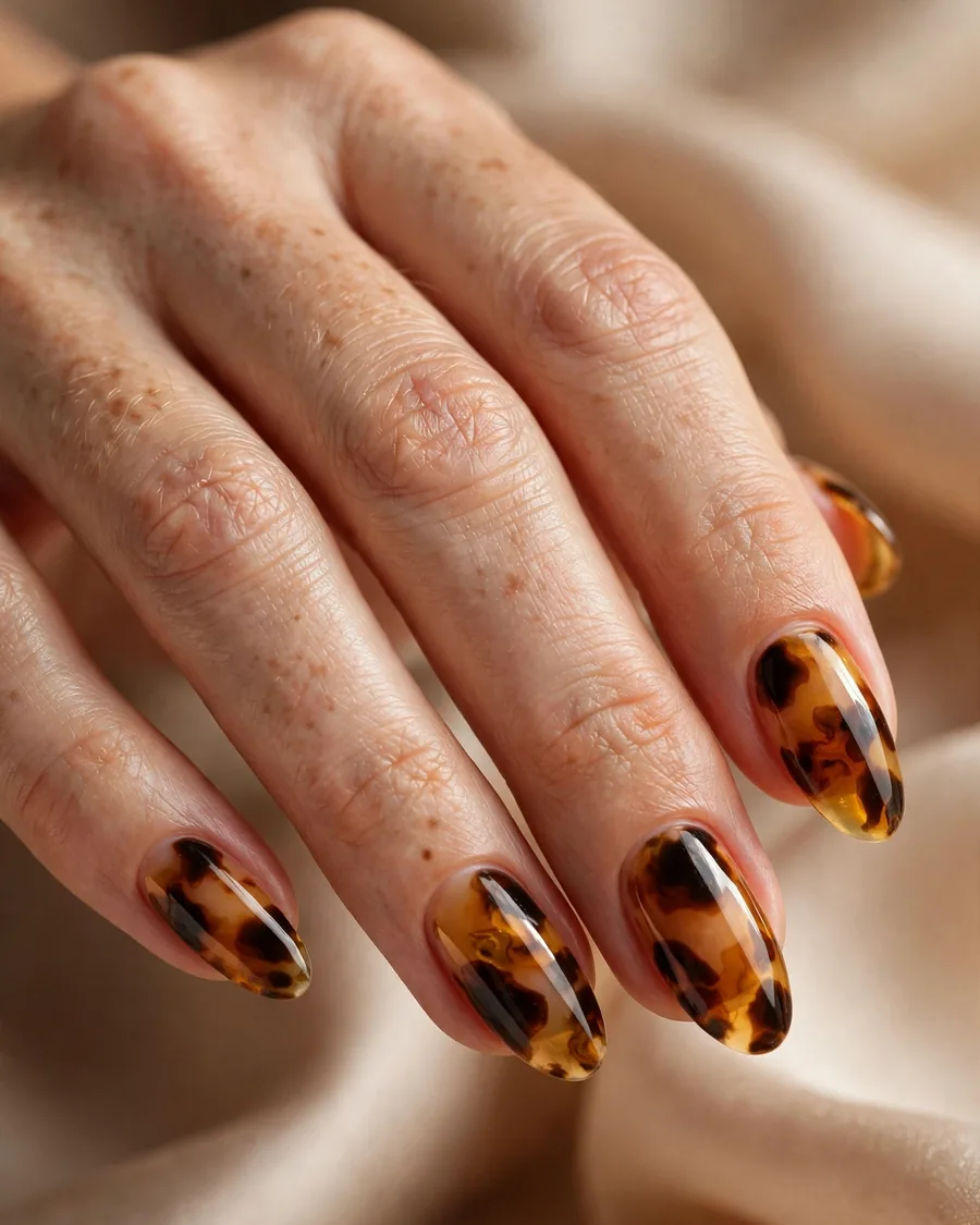 Full coverage amber tortoiseshell nail art with honey and espresso marbling