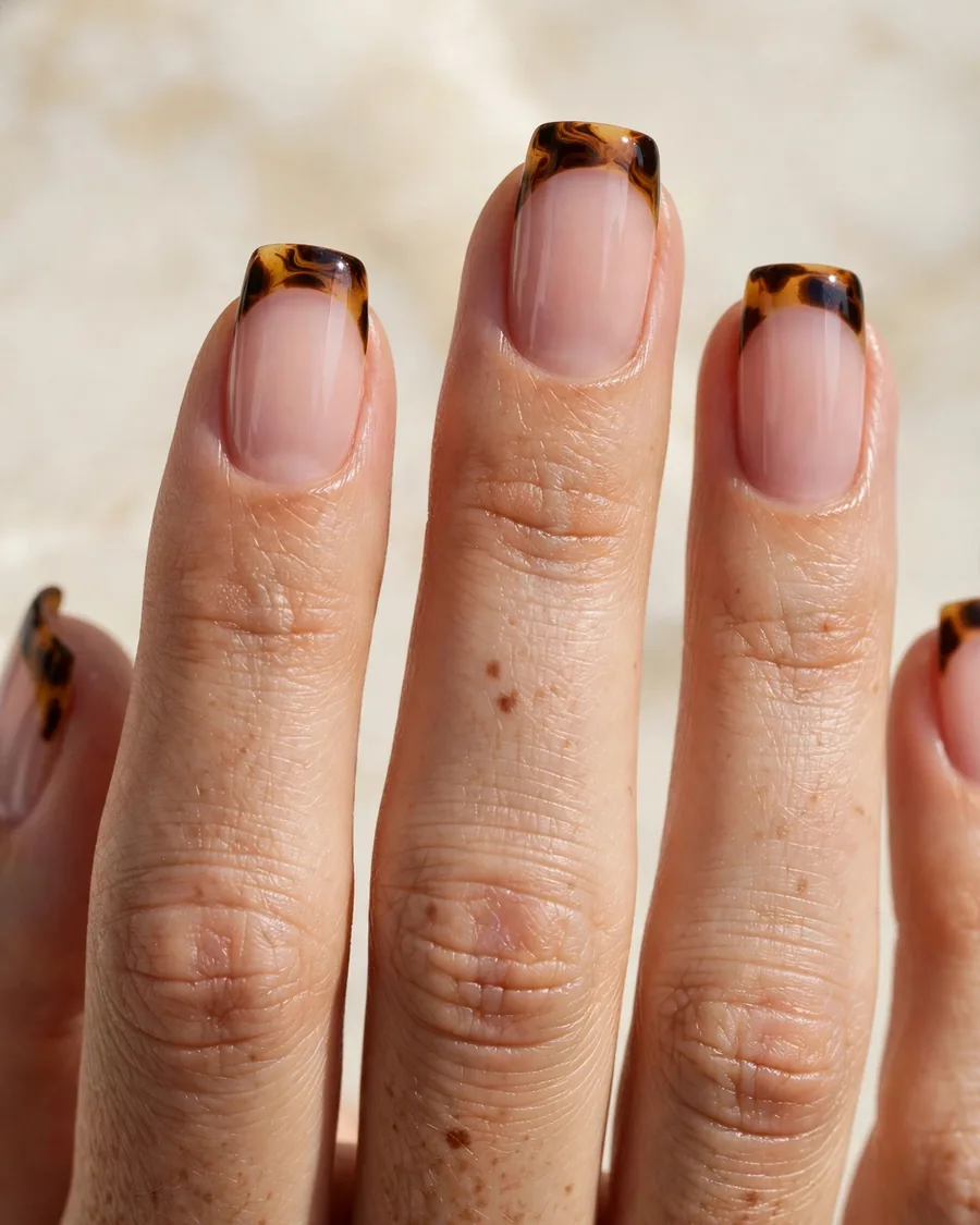 Tortoiseshell French tip nails with sheer nude pink base