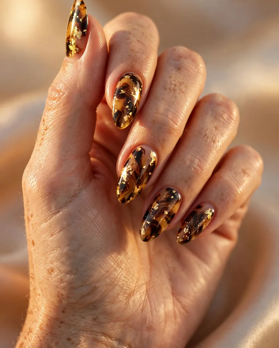 Gold flecked tortoiseshell nails with amber marbling and gold foil flakes