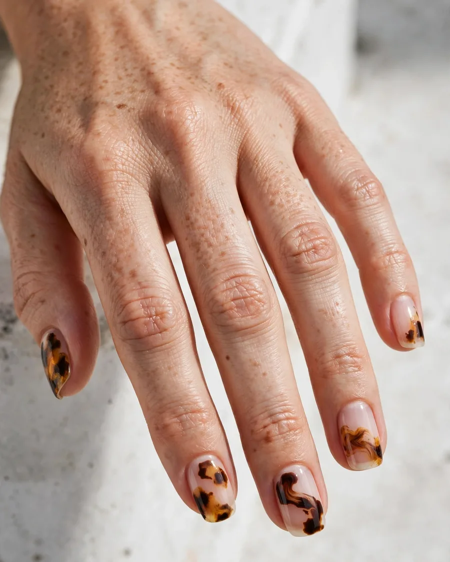 Negative space espresso tortoiseshell nail art on natural nails