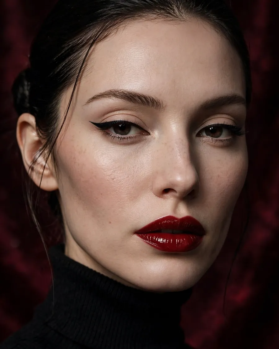 Oxblood vinyl lips with feathered winged eyeliner and porcelain-matte skin