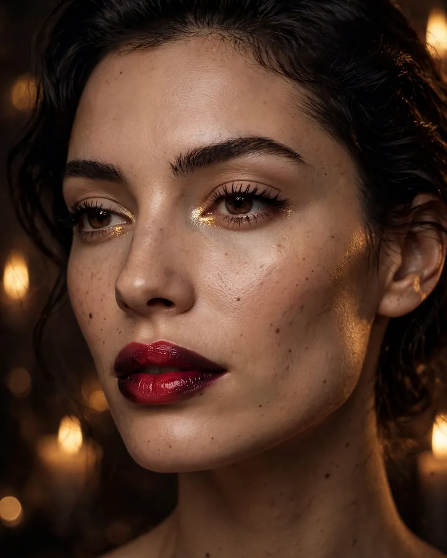 Bordeaux ombre lips with gilded gold inner-corner eye highlight